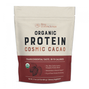 Live Conscious Organic Protein Cosmic Cacao powder bag with USDA certified label and nutritional information panel