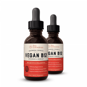 Live Conscious Vegan B12 liquid supplement bottles with dropper caps, two sizes shown side by side