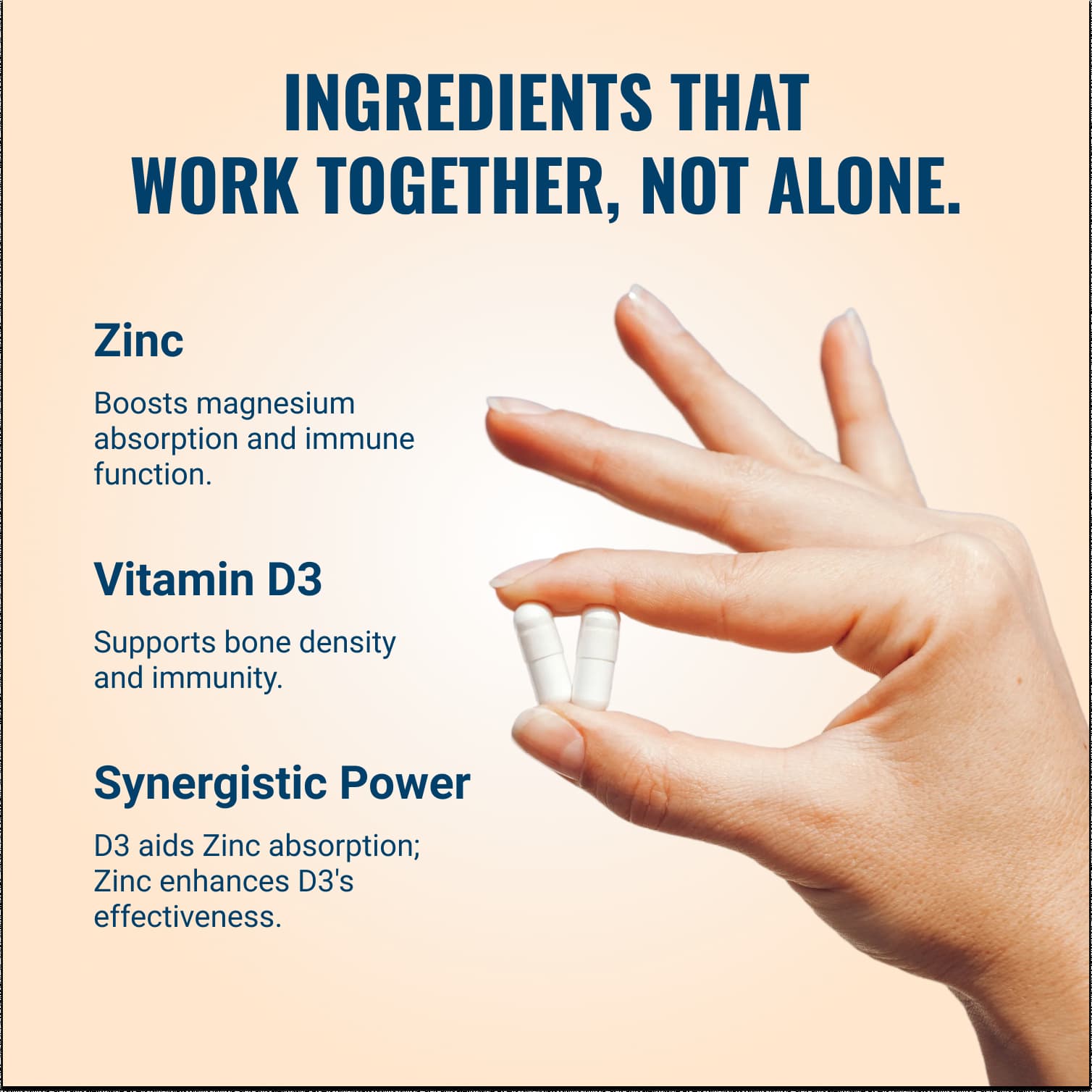 Hand holding two capsules with text about zinc and vitamin D3 on a beige background