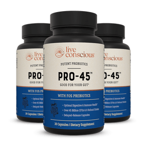 Live Conscious Pro-45 probiotic supplement bottles with blue and cream labels, three black-capped containers displayed front