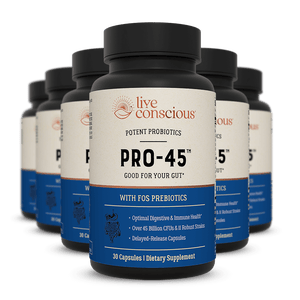 Live Conscious Pro-45 digestive probiotic supplement bottles arranged in a group display